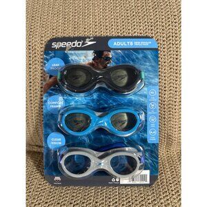 Speedo Adult Swim Goggles 3 Pk w/ Comfort Frame Anti Fog Lenses Gray Blue Black